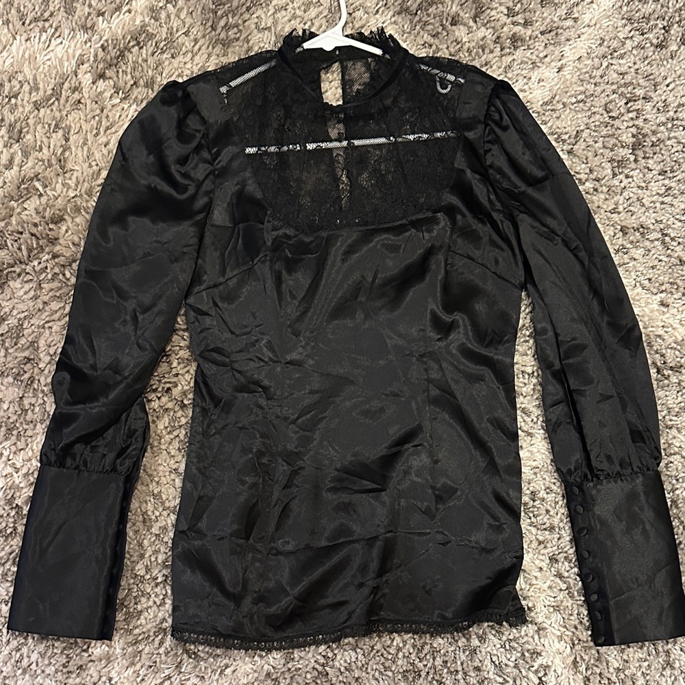 Lyndia Procanik Black Lace Satin Blouse, Size 6